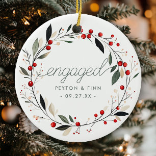 Modern First Christmas Engaged Mistletoe Wreath Ceramic Tree Decoration