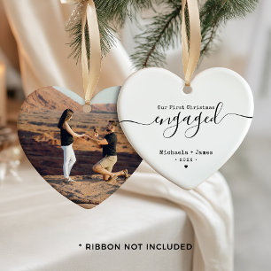 Modern First Christmas Engaged Names & Photo Ceramic Tree Decoration