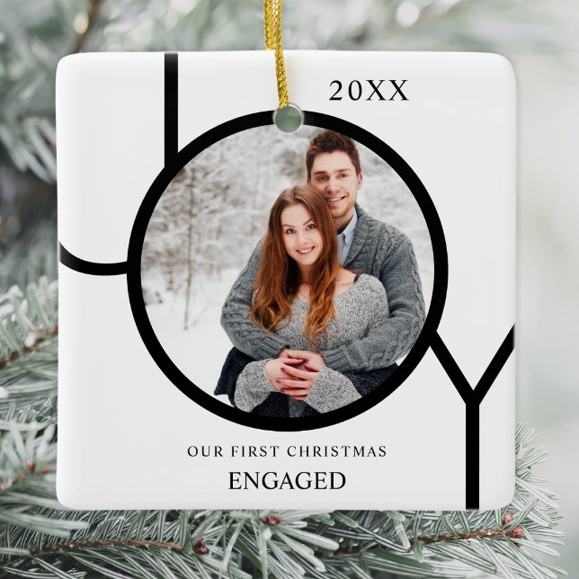 Modern First Christmas Engaged Photo Ceramic Ornam Ceramic Ornament (Creator Uploaded)