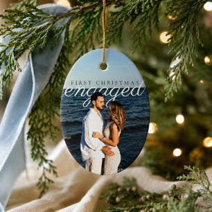 Modern First Christmas Engaged Photo Ceramic Tree Decoration