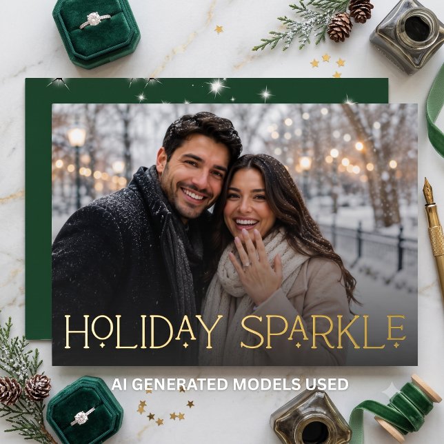 Modern First Christmas Engaged Photo Green (Modern First Christmas Engaged Photo Green Foil Holiday Card)