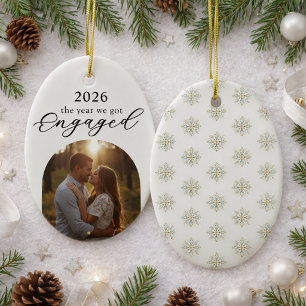 Modern First Christmas Engagement Photo Milestone Ceramic Tree Decoration