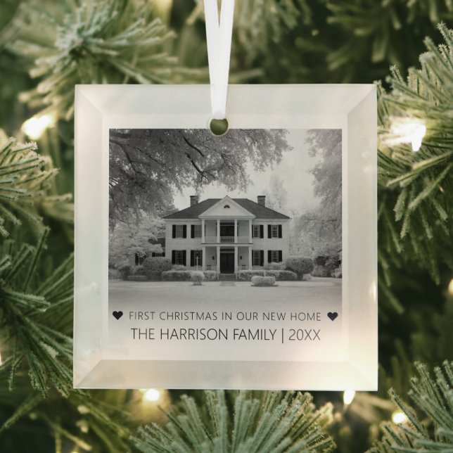 Modern First Christmas In Our New Home Photo Glass Tree Decoration (Insitu)