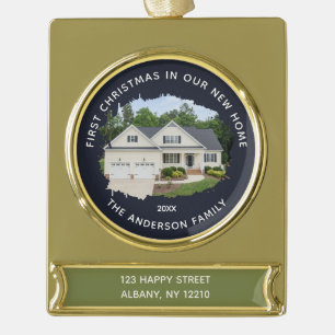 Modern First Christmas In Our New Home Photo Gold Plated Banner Ornament