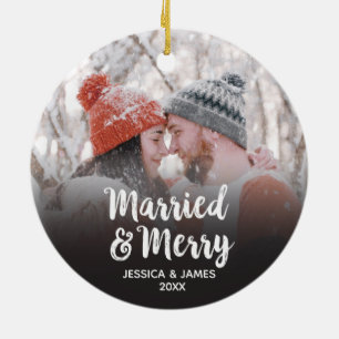 Modern First Christmas Married and Merry Photo Ceramic Tree Decoration