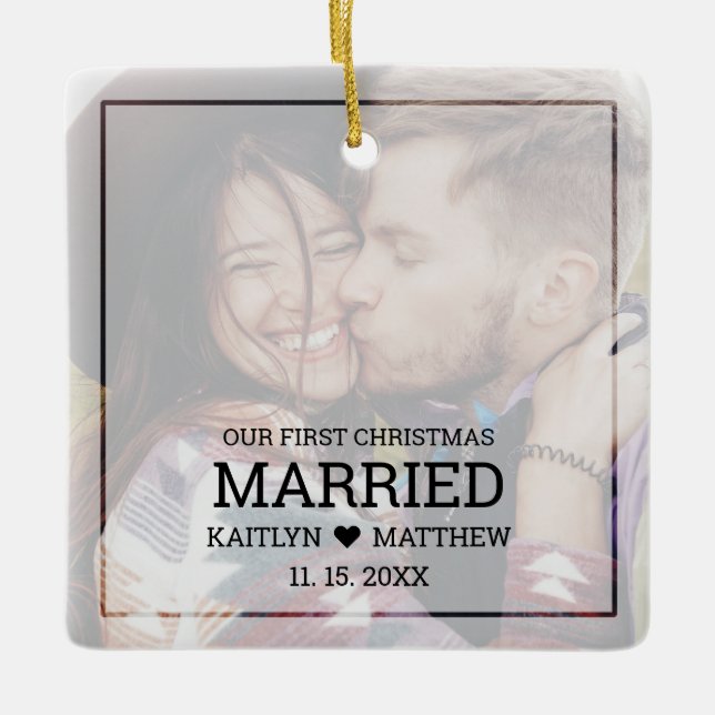 Modern First Christmas Married Faded Photo Ceramic Ornament (Front)