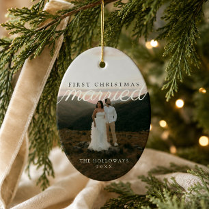 Modern First Christmas Married Newlywed Photo Ceramic Tree Decoration