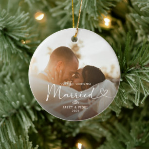 Modern First Christmas Married  Newlywed Photo  Ceramic Tree Decoration