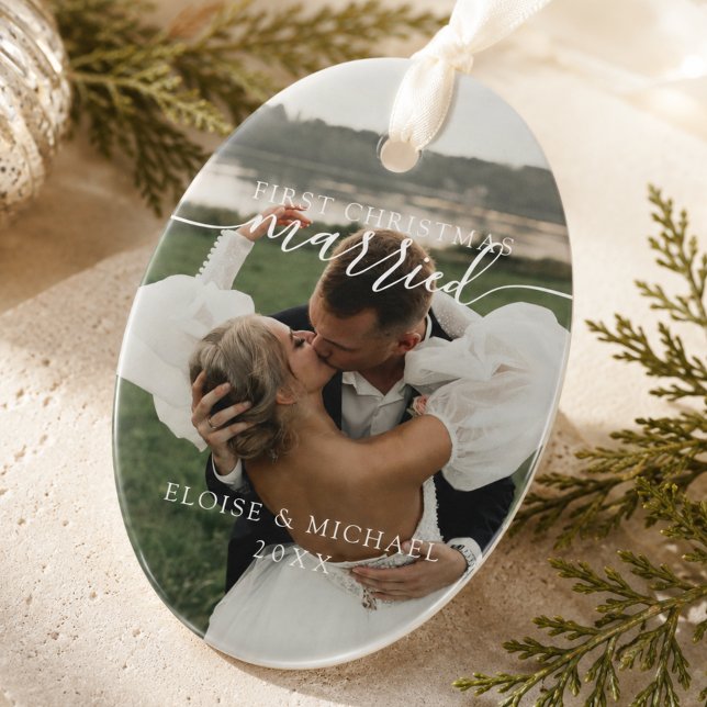 Modern First Christmas Married Photo Ceramic Tree Decoration (Modern First Christmas Married Photo Ceramic Ornament)