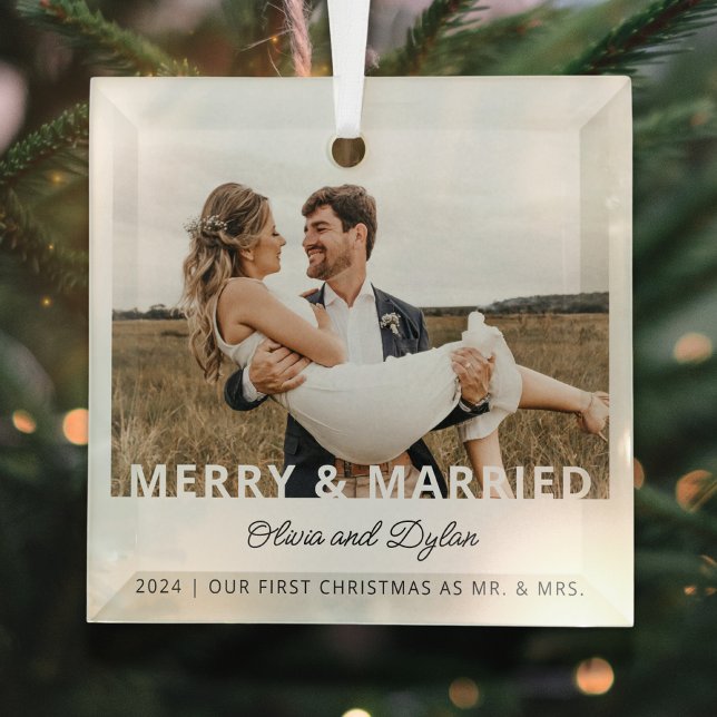 Modern First Christmas Married Photo Glass Tree Decoration (Creator Uploaded)