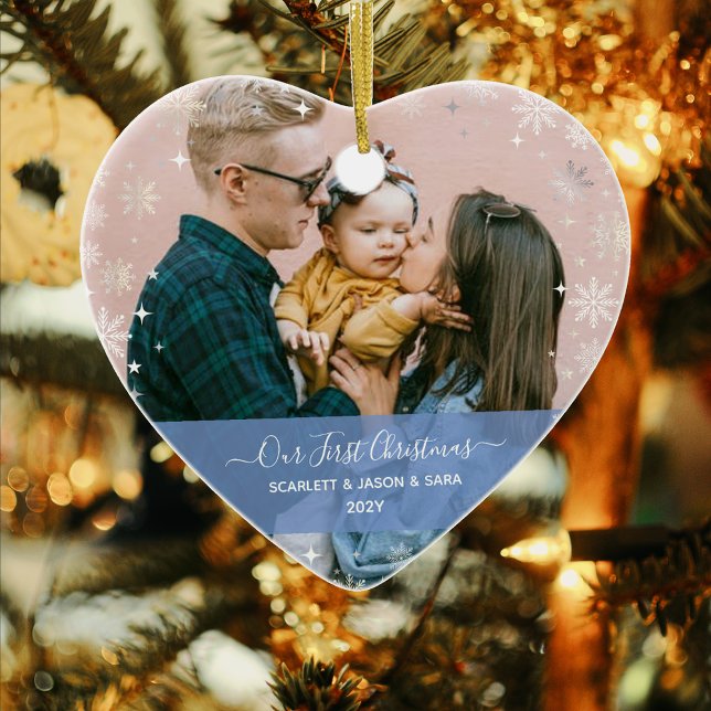 Modern First Christmas Together 2 Photos Heart Ceramic Tree Decoration (Our First Christmas Family & Child Baby Names 2 Photos Modern Elegant Calligraphy Snowflakes Heart)