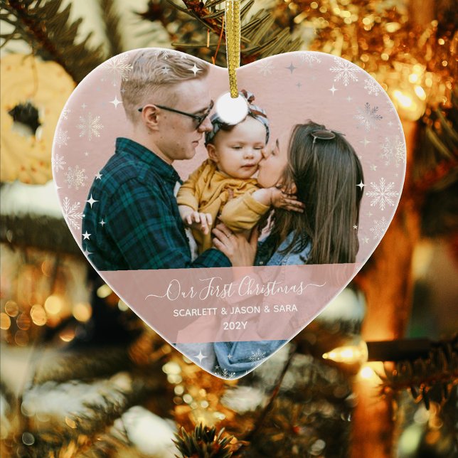Modern First Christmas Together 2 Photos Heart Ceramic Tree Decoration (Our First Christmas Family & Child Baby Names 2 Photos Modern Elegant Calligraphy Snowflakes Heart)