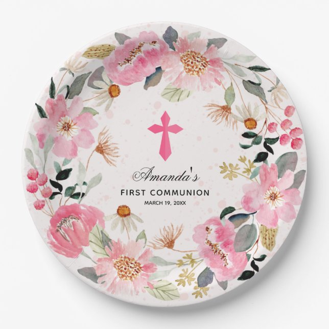 Modern First Communion Pink Floral Girl  Paper Plate (Front)