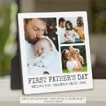 Modern FIRST FATHERS DAY 3 Photo Collage Plaque<br><div class="desc">Commemorative Dad's FIRST FATHER'S DAY with this 3 photo collage easel-back photo display with an editable title FIRST FATHER'S DAY and a second line of text for your custom message in your choice of font styles and colours (shown in a classic typography in charcoal grey on white). PHOTO TIP: Choose...</div>
