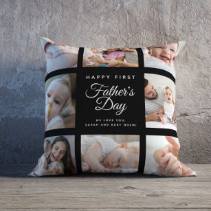 Modern First Father's Day Baby Photo Collage Throw Cushion
