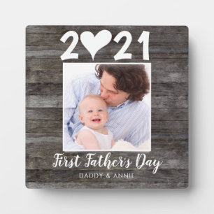 Modern First Father's Day Script Heart Wood Photo Plaque