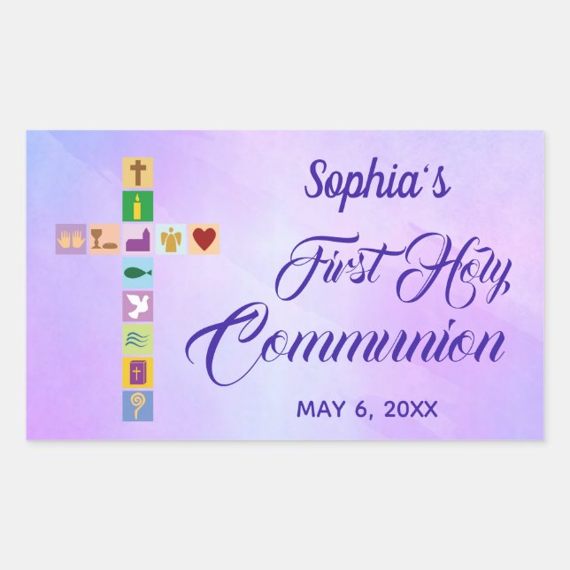 Modern First Holy Communion Colourful Cross Symbol Rectangular Sticker (Front)