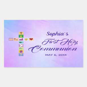 Modern First Holy Communion Colourful Cross Symbol Rectangular Sticker