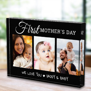 Modern First Mother's Day 3 Picture Collage Black Photo Block