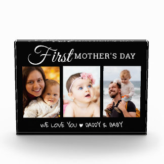 Modern First Mother's Day  3 Picture Collage Black Photo Block
