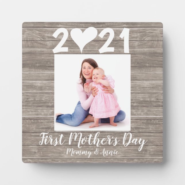 Modern First Mother's Day Heart Photo Faux Wood Plaque (Front)