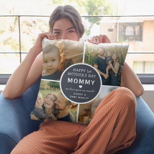 Modern First Mother's Day Mummy 4 Photo Collage Cushion