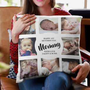Modern First Mothers Day Photo Collage Cushion