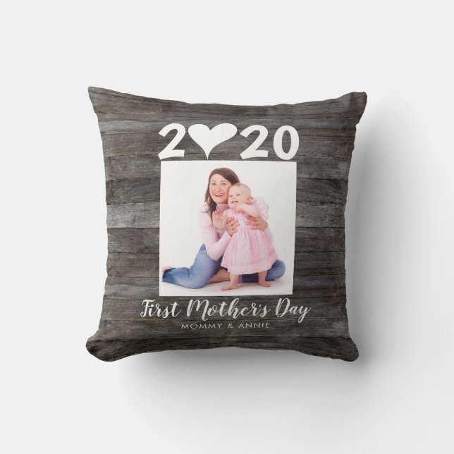 Modern First Mother's Day Script Heart Photo Wood Cushion (Front)