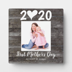 Modern First Mother's Day Script Heart Wood Photo Plaque