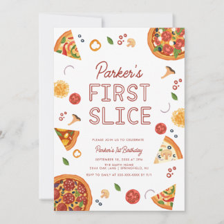 Modern First Slice Pizza First Birthday  Invitation