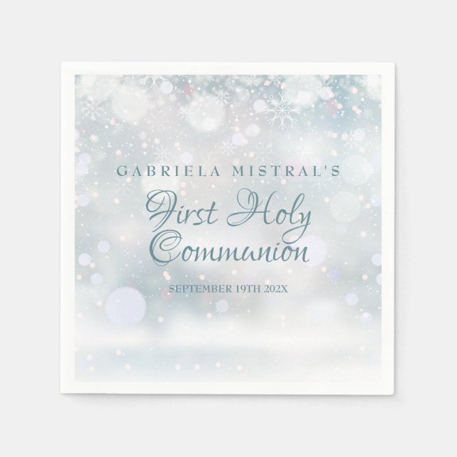 Modern First Snowflakes First Holy Communion Napkin (Front)