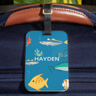 Modern Fish and Seahorse Blue Personalised Luggage Tag
