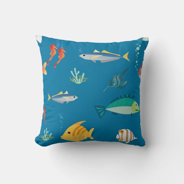 Modern Fish and Seahorse illustrated Pattern Blue Cushion (Front)