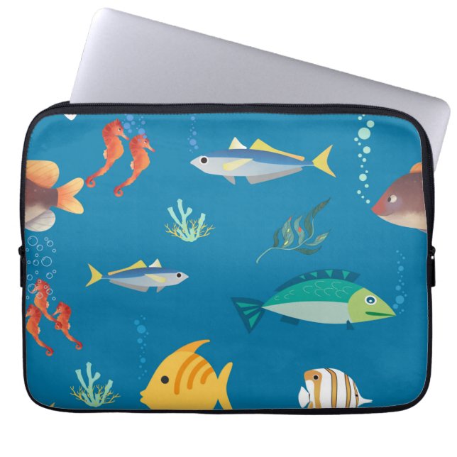 Modern Fish and Seahorse illustrated Pattern Blue Laptop Sleeve (Front)
