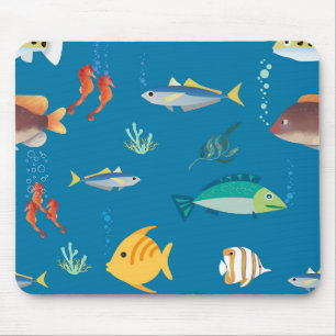 Modern Fish and Seahorse illustrated Pattern Blue Mouse Pad