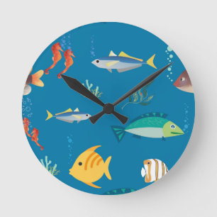 Modern Fish and Seahorse illustrated Pattern Blue Round Clock