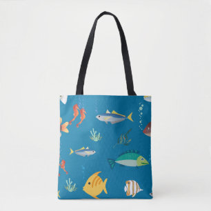 Modern Fish and Seahorse illustrated Pattern Blue Tote Bag