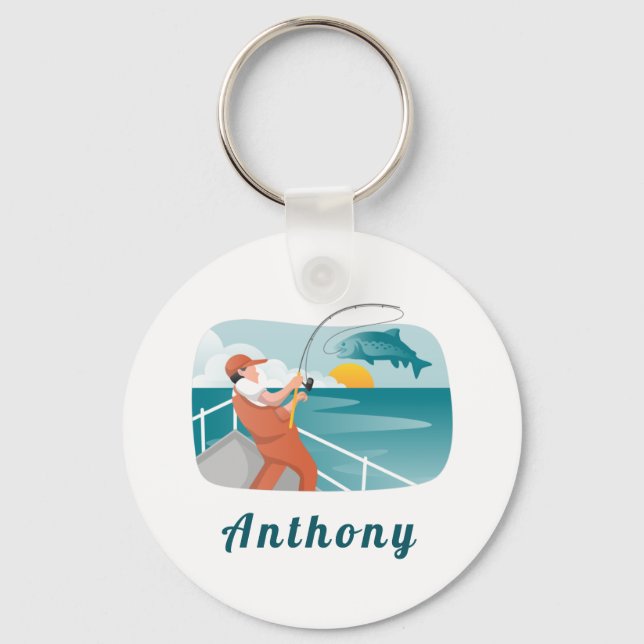 Modern Fisherman Illustration Fishing Lover's Name Key Ring (Front)