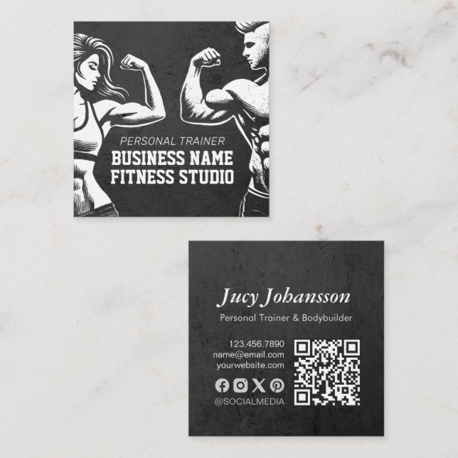Modern Fitness Trainer Bodybuilding Gym Instructor Square Business Card (Front/Back)