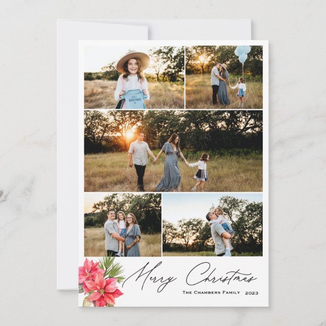 Modern five photo Merry Christmas Poinsettia Holiday Card (Front)