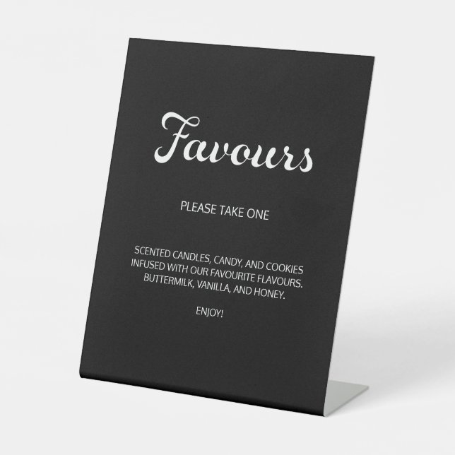 Modern Flair Script Minimal Favours Black Wedding Pedestal Sign (Front)