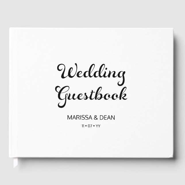 Modern Flair Script Minimalist White Wedding Guest Book (Front)