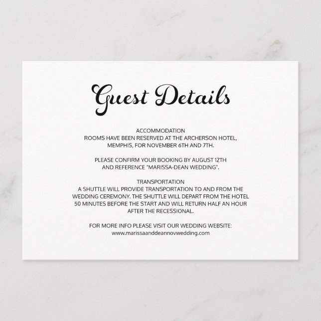Modern Flair Script White Wedding Guest Details Enclosure Card (Front)