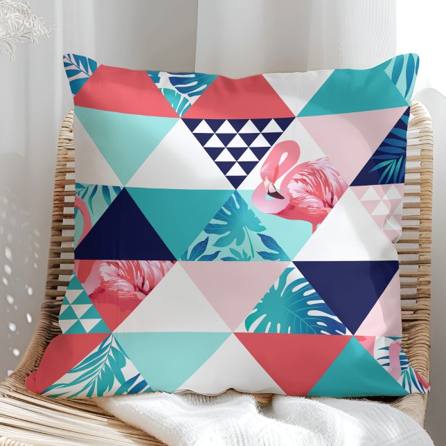 Modern Flamingo Geometric Pattern (Blue & Coral) Cushion (Modern Tropical Leaves with Pink Flamingo Pillow in a sunny rattan armchair.)