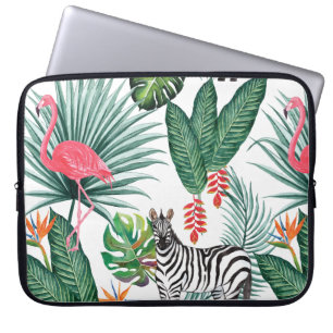 Modern flamingo zebra tropical leaf watercolor laptop sleeve