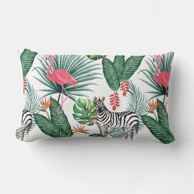 Modern flamingo zebra tropical leaf watercolor lumbar cushion (Front)