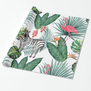 Modern flamingo zebra tropical leaf watercolor wrapping paper