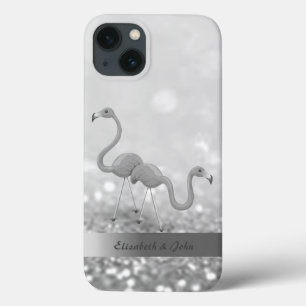 Modern Flamingos Silver Glitter Bokeh iPhone 13 Case