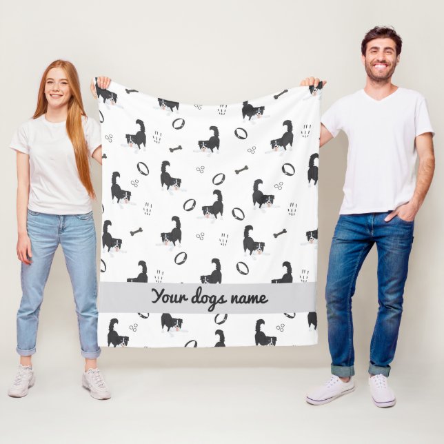Modern Flat Design Border Collie & Bones Pattern Fleece Blanket (In Situ)