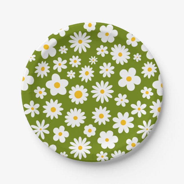 Modern Flat Graphic Daisy Green  Paper Plate (Front)